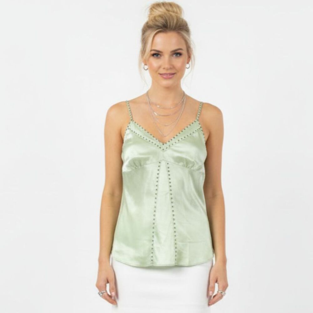 Susan Lucci 100% Silk Green Metal Studded Sleeveless Camisole Top 14